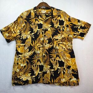 Panama Jack Men's Aloha Hawaiian Shirt XL Black Gold Parrot Beer Mug 100% Rayon